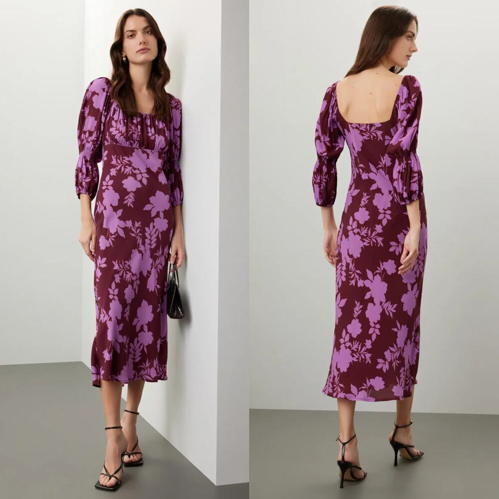 Peter Som Dress Floral Print 3/4 Puff Sleeve Square Neck Midi Sheath Pink 2